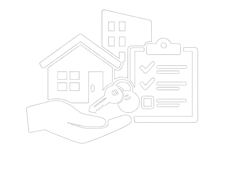 Hand hält Schlüssel neben einem Haus und einer Checkliste.