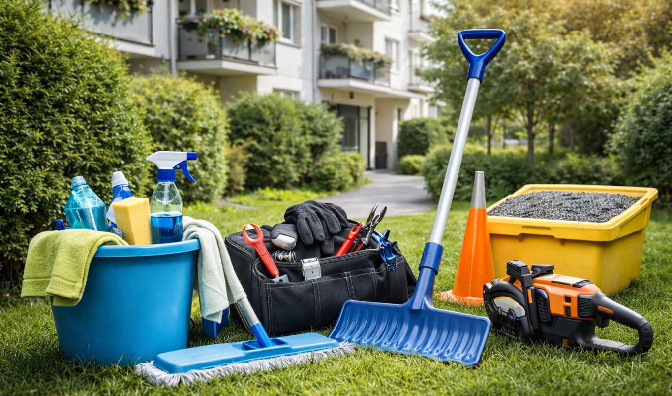 Gartenwerkzeuge und Reinigungsmittel auf einer Wiese vor einem Wohngebäude.